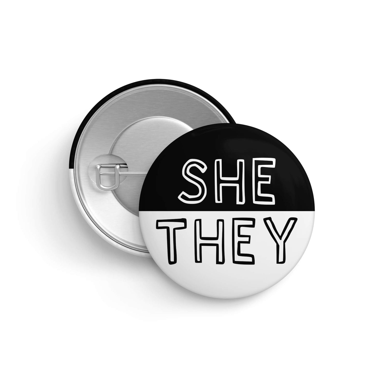 She They Black and White Pronoun Pin