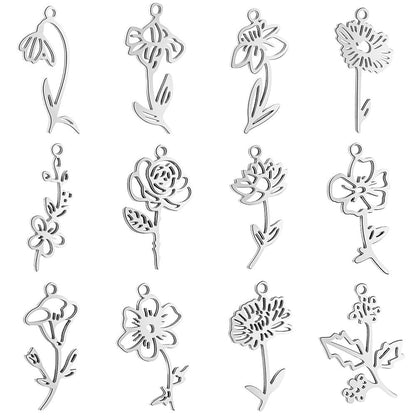 Birth Flower Stem Stainless Steel Carabiner Charm