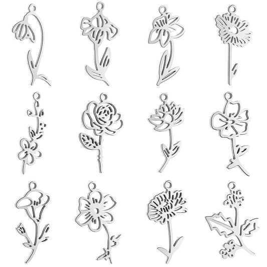 Birth Flower Stem Stainless Steel Carabiner Charm